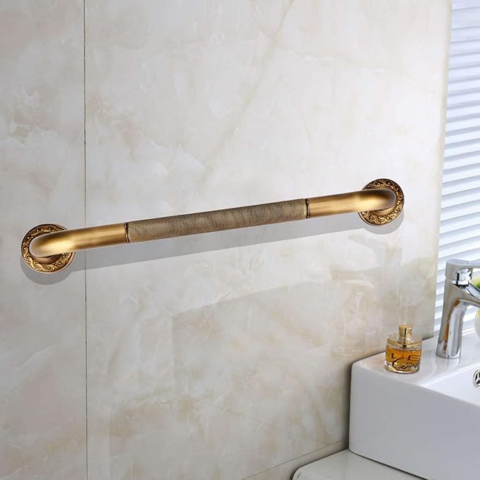 Shower Grab Bar, 19.09x3.54x2.4in Antique Style Brass Carved Shower Tub Safety Grab Bar Anti Slip Safety ShowerHandle Wall Mounted Bathroom Accessories for Bathtub Hand