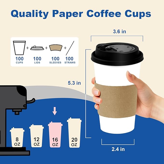 16 oz 100 Pack Coffee Cups with Lids and Sleeves, Straws, Hot Disposable To Go Travel Paper Cups Bulk for Office, Home Coffee Bar Accessories, Chocolate, Cocoa, Beverage (White)