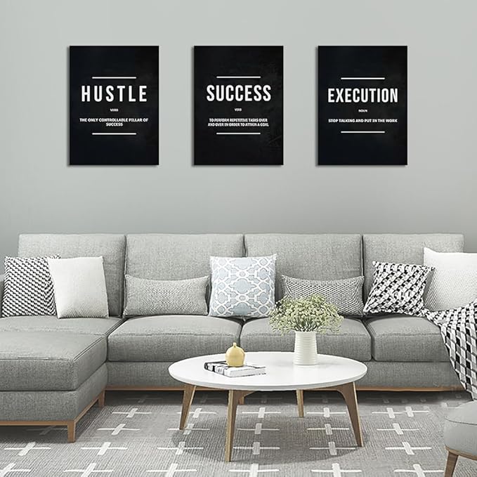 Unbruvo Hustle Success Execution Wall Art for Office, Inspirational Motivational Wall Decor, 3 Pieces Positive Quotes Canvas Wall Art for Entrepreneur Living Room Bedroom(60''Wx 28''H)