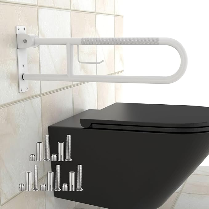 U Shaped Toilet Grab Bar 30.3 Inch, Munzong White Anti-Slip Support Rail, Flip-Up Bathroom Grab Bar with Paper Holder, Stainless Steel Knurled Handicap Safety handrails for Elderly Disabled Pregnant