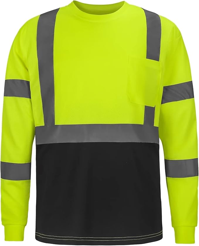 High Visibility Class 3 T Shirts，Hi Vis Safety Shirts with Reflective Strips and Pocket, Long Sleeve Quick Dry Mesh Construction Work Shirt for Men/Women Black Bottom Lime,Medium