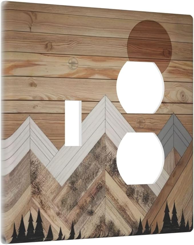 Wooden Planks Mosaic Snow Mountain Sun Wallplates 1 Toggle 1 Duplex Switch Plate Electrical GFCI Faceplate Decorative Light Switch Covers for Farmhouse Home Decor