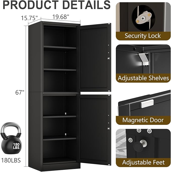 67" Metal Storage Cabinet with Lock, Tall Narrow Office File Cabinets with 2 Doors & 4 Adjustable Shelves, Metal Steel Locker for Home, School, Office, Garage or Gym (Black)