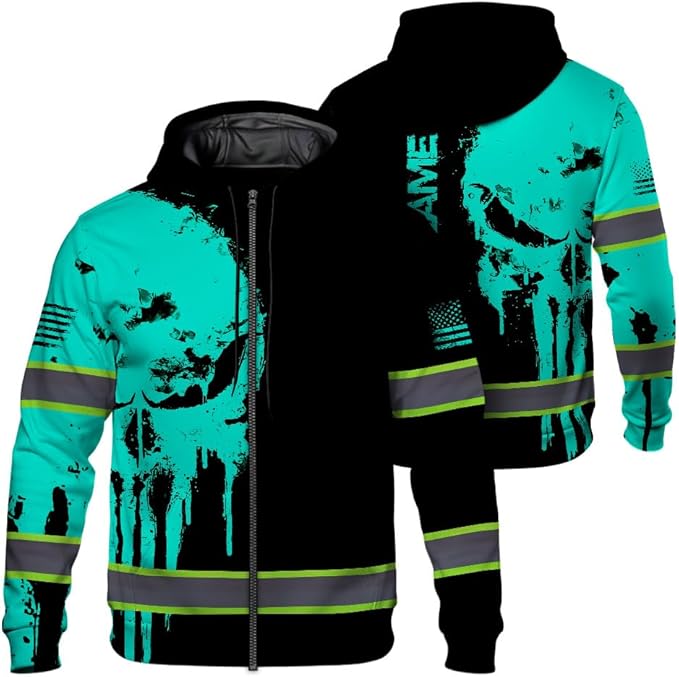 Maddly Hi Vis Reflective Zip Up Hoodie, High Visibility Safety Jacket with Skull Design for runner, worker, trucker, cyclist