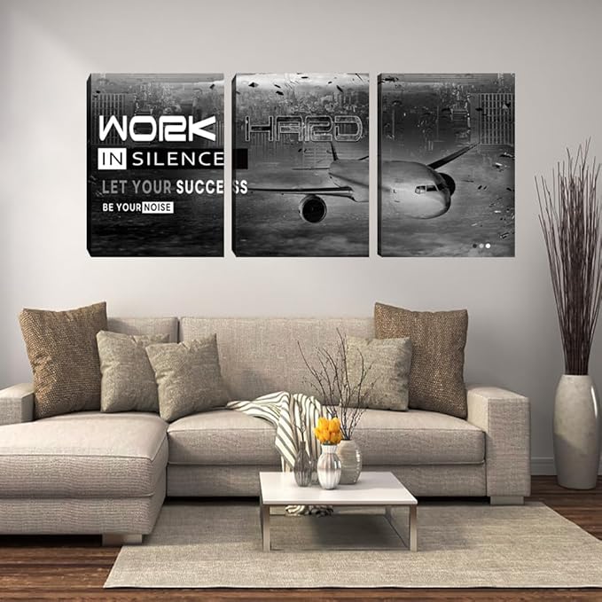 Inspirational Wall Art Motivational Wall Art 3 Pieces Canvas Wall Art Office Decor Success Quotes Hustle Poster Painting Print Artwork Framed for Bedroom Living Room Gym(72''Wx 36''H)