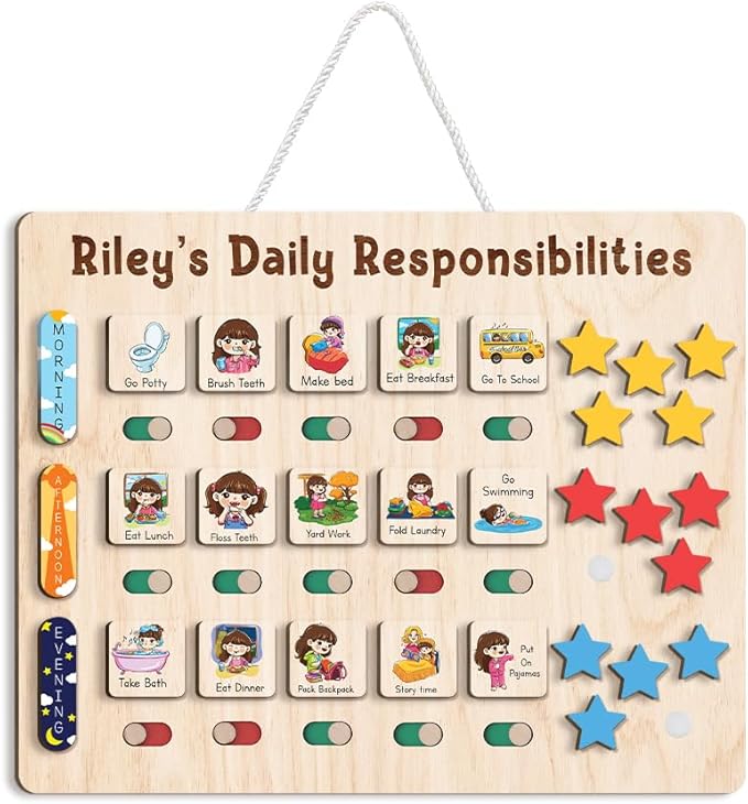 Wooden Chore Chart for Kids Visual Schedule, Routine Chart for Kids, Morning Bedtime Routine Chart for Toddlers Ages 2-4, Daily Kids Schedule Board for Home (18)