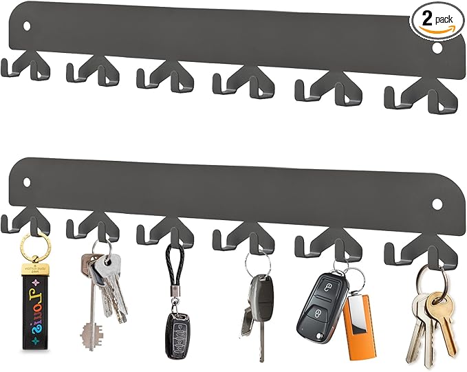 2 Pack Key Holder for Wall, Key Hooks Wall Mount with 12 Hooks, No Drilling Required, Self-Adhesive Key Rack, Key Hanger Wall Mount for Corridor, Kitchen, Living Room - Gray