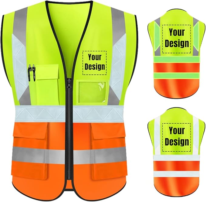 YOWESHOP High Visibility Safety Vest Custom Your Logo Protective Workwear 5 Pockets With Reflective Strips Outdoor Work Vest (3XL, Yellow Orange Luminous)