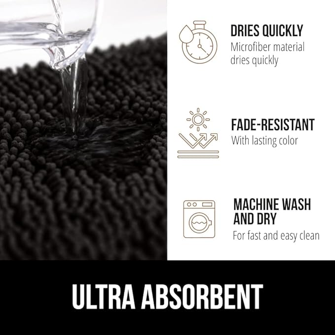 GORILLA GRIP Bathroom Rug Sets 3 Piece, Bath Mat Set and Oval Toilet Base with Rubber Backing, Plush Absorbent Shaggy Chenille Washable Mats, Includes 24x19.5, 24x17 and 30x20 Inch Rugs, Black