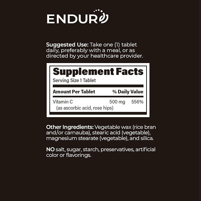 Endur ENDUR-C Vitamin C with Rose HIPS, Supports Collagen Production, Antioxidant Protection & Gentle Digestion, Gluten Free, 500mg (90 Tablets)