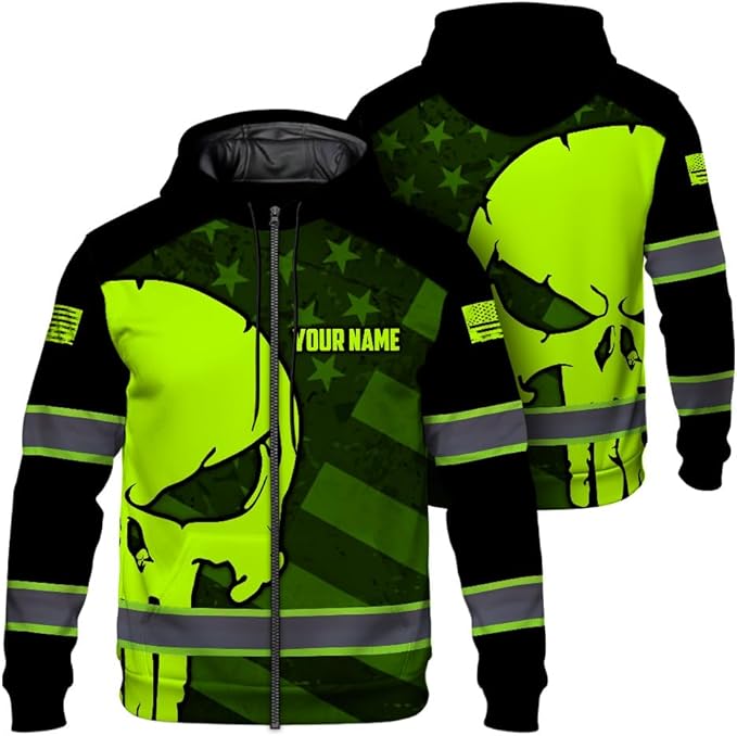 Maddly Hi Vis Reflective Zip Up Hoodie, High Visibility Safety Jacket with Skull Design for runner, worker, trucker, cyclist