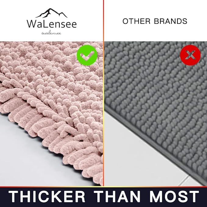 Walensee Bathroom Rug 2 Pieces Set Non Slip Bath Mat (17x24 Plus 20x32 Inch Dusty Pink) Water Absorbent Super Soft Shaggy Chenille Machine Washable Dry Extra Thick Perfect Carpet for Shower Floor