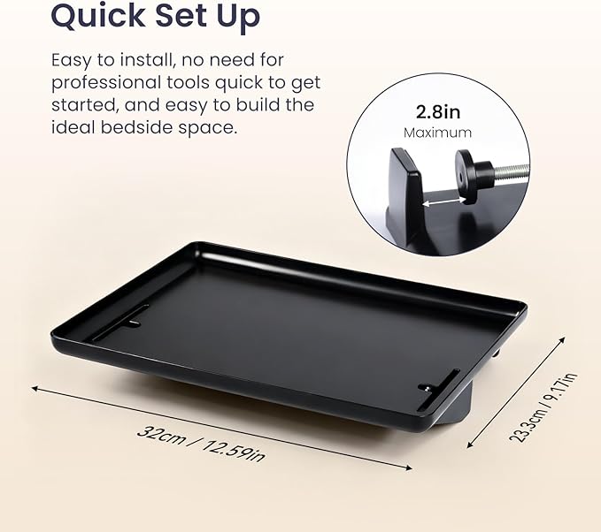 WELTOKE Bedside Shelf for Dorm Bed,Clip on Floating Bedside Table,Bunk Bed Shelf for Top Bunk,Beds Side Table Tray Organizer,Attachable Bedside Table with Cable Management for Dormitory,Black