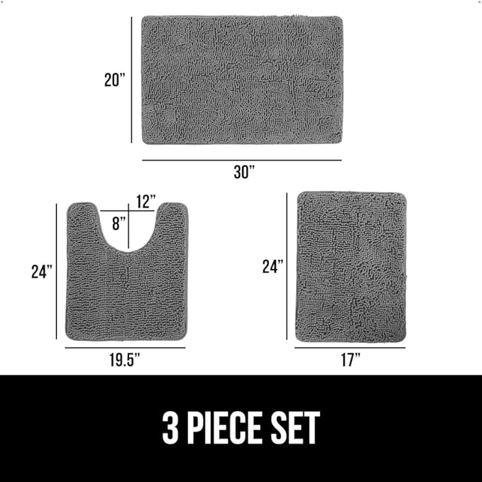GORILLA GRIP Area Rug Sets 3 Piece, Bath Mat Set and Oval Toilet Base with Rubber Backing, Plush Absorbent Shaggy Chenille Washable Mats, Includes 24x19.5, 24x17 and 30x20 Inch Rugs, Grey