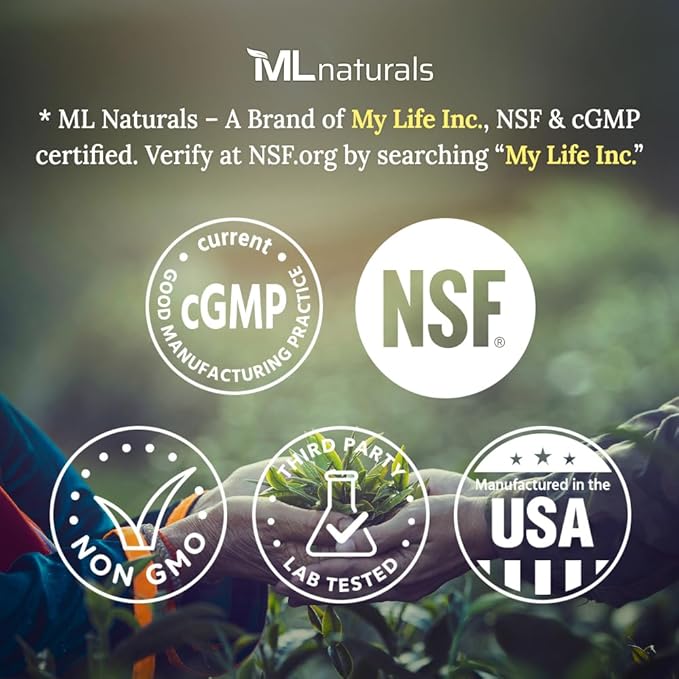 ML Naturals Premium Lutein & Zeaxanthin with Bilberry 60 Vegetable Capsules. Lutein 40 mg, Zeaxanthin 5 mg, and Bilberry 100 mg. Healthy Eyes & Vision, NSF-Certified & cGMP-Compliant Facility