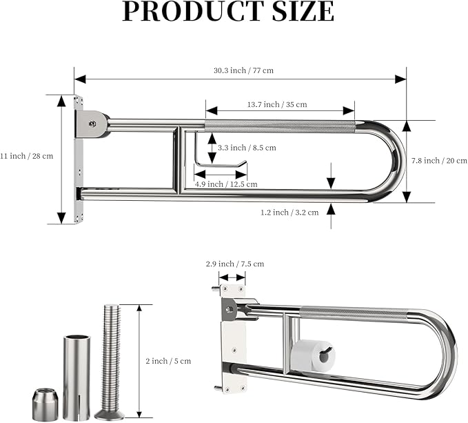 Toilet Grab Bar 30.3 Inch, YuanDe Flip Up Grab Bar with Paper Holder, Polished Chrome Anti-Slip Safety Bars for Toilet, Stainless Steel Knurled Toilet Handles for Seniors Disabled Elderly Pregnant