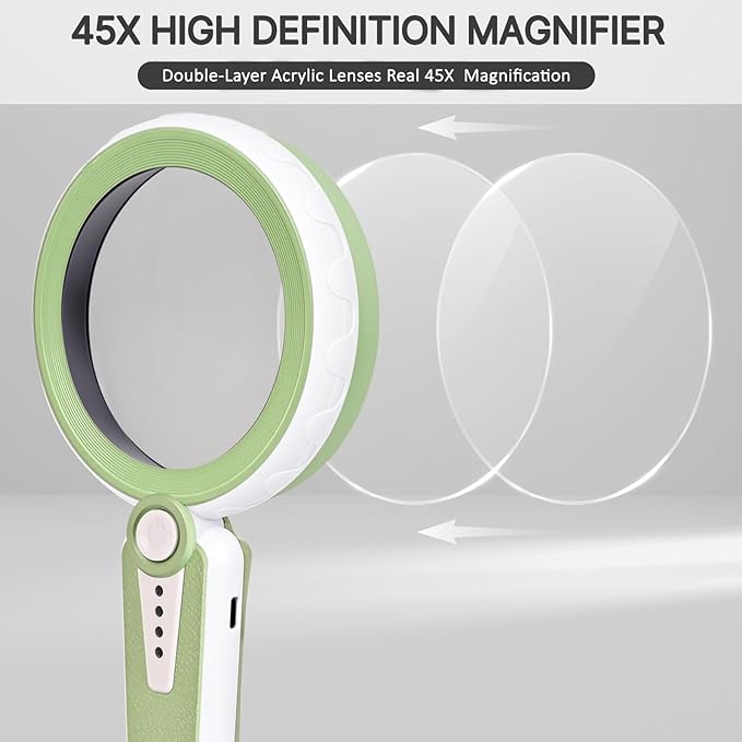 45X Magnifying Glass with Light, 6 Color Modes, 1200mAh Rechargeable, 4.6In Large Handheld Magnifier for Low Vision Seniors, Reading, Hobbies - Green