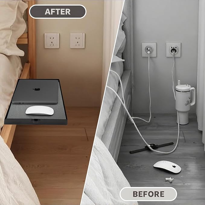 Metal Bedside Shelf for Bunk Bed & Top Bunk, Clip On Bed Side Table Tray Organizer for College Dorm Room,Loft Nightstand, Organizer Tray with Hook, Cord Clip and Cup Holder (Black)