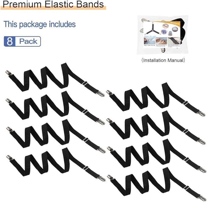 Adjustable Bed Sheet Straps Clips, Elastic Mattress Sheet Fasteners Holder and Suspenders, Grippers to Hold Sheet, Mattress, Sofa, Couch, Table Cloth, Ironing Board Cover, 8Pcs, Black