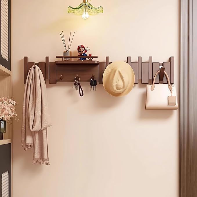 Wall Mounted Piano Key Hanger | Flip Style Hook | Entrance Wall Art Hook, Made of Oak Wood (3 Times Painted, 4 Times Polished) (Fence Walnut, 8Hooks)