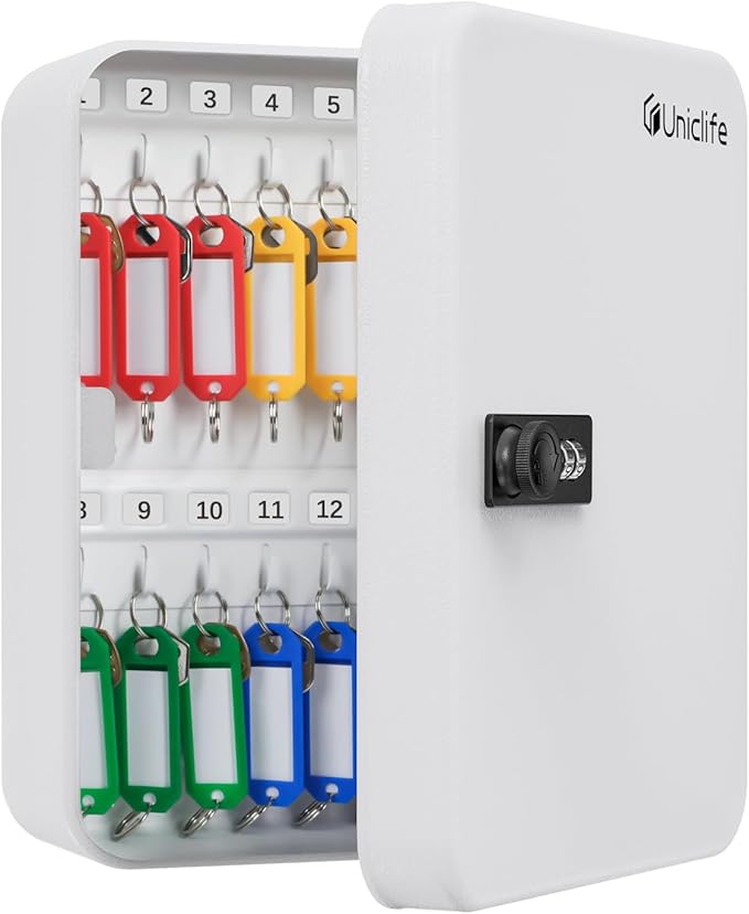 Uniclife 28-Key Steel Key Cabinet with Combination Lock Wall Mounted Key Organizer with Resettable Code White Digital Security Box with Hooks and Large Key Tag Labels Identifiers in 5 Assorted Colors