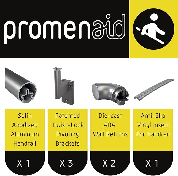 Promenaid 5ft ADA Handrail Kit - Champagne - Complete Indoor/Outdoor Handrail for Stairs - 1.6" Round Anodized Aluminum Railing with 3 Champagne Painted Pivoting Brackets & ADA Wall Returns