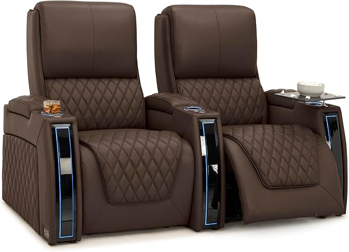 Seatcraft Apex Home Theater Seating, Living Room, Powered Headrest, Powered Lumbar, Powered Recline, Italian Leather, USB Charging, Row of 2, Brown
