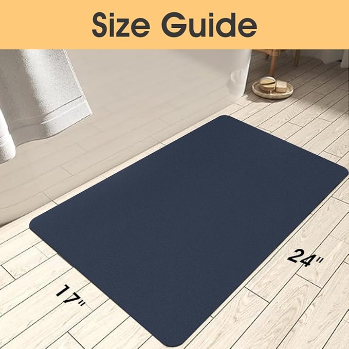 ACCUMTEK Ultra Thin Bath Mat, Upgrade Backing Non Slip Thin Bath Mats Fit Under Door, Quick Dry Ultra Absorbent Bathroom Rugs, Machine Washable Bath Rugs for Bathroom, Bathtub, Dark Blue/Solid/24 x17