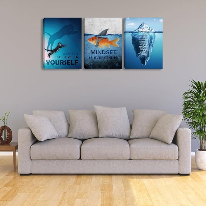 Unbruvo Motivational Wall Art for Office, 3 Pieces Cat Glacier Fish Canvas Print, Inspirational Quotes Wall Decor for Living Room, Bedroom, Dorm-(60''Wx 28''H)