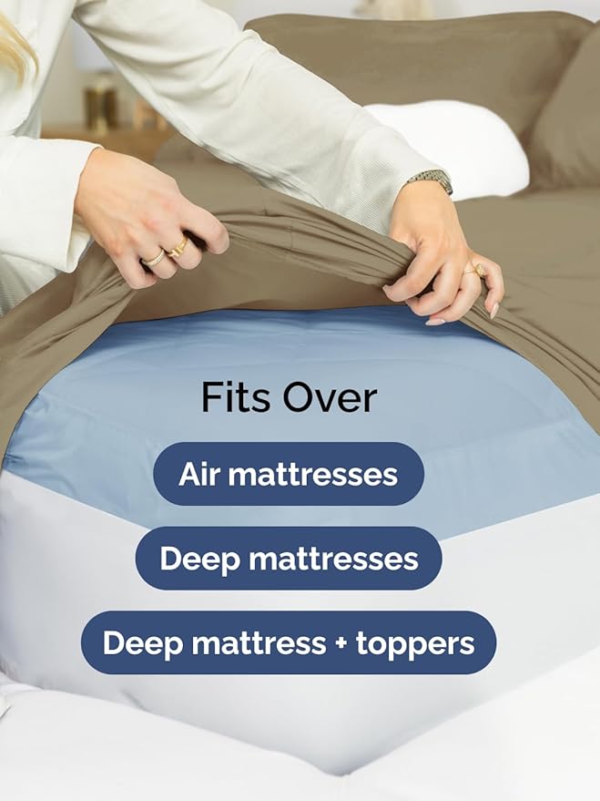 Extra Deep Split King Sheet Set - 7 Piece Breathable & Cooling Sheets - Hotel Luxury Bed Sheets Set - Easy & Secure Fit - Soft, Wrinkle Free & Comfy Sheets Set - Khaki Sheet Set w/Extra Deep Pockets