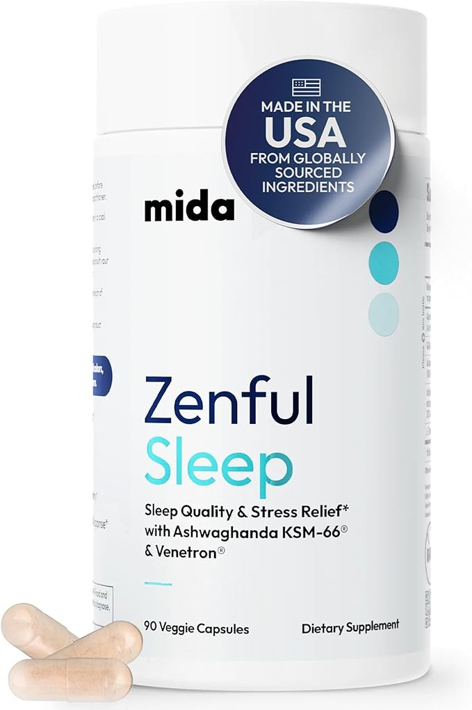 Mida Health® Zenful Sleep 6-in-1 Natural Sleep Aid for Adults Without Melatonin | Deep Sleep Supplement with Ashwagandha KSM-66® and Venetron® | Supports Cortisol Balance & Mood | 90 Capsules
