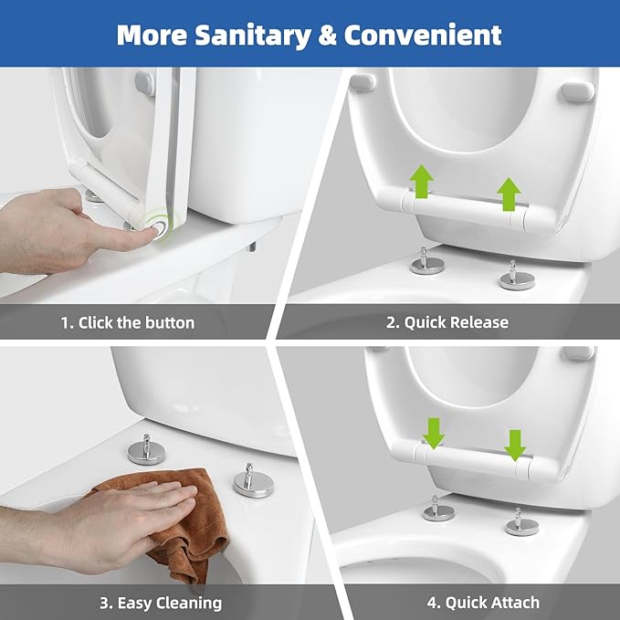 Universal Elongated Toilet Seat with Softclose Cover, One-Click to Quick Release, Compatible with TOTO/Gerber/Kohler Oval Toilet Seats, 2-Pack Toilet Bolts and Nuts, Non-Slip Toilet Bumpers, White