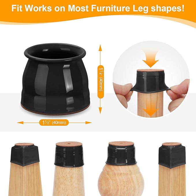 CHUNZEXI 24 Pack Chair Leg Floor Protectors for Hardwood Floors, Silicone Felt Covers Pads Caps, Protect Wood Furniture Feet Floors Noise Reduce and Scratch (Universal Large & Black)