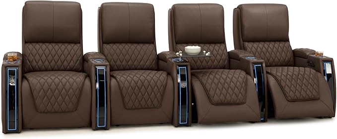 Seatcraft Apex Home Theater Seating, Living Room, Powered Headrest, Powered Lumbar, Powered Recline, Italian Leather, USB Charging, Row of 4, Brown