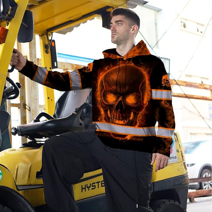 Matedecor Skull US Flag Reflective High Visibility Hoodie For Men Construction Hi Vis Safety Workwear Custom Name