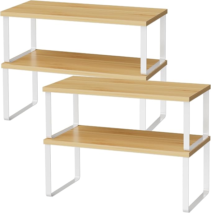 Cabinet Shelf Organizers, 15.7 inches Large Kitchen Counter Shelf, Set of 4 Wood Kitchen Pantry Organizer, Storage Shelves for Countertop, Spice Rack, Stackable, Expandable, Metal White, Nature