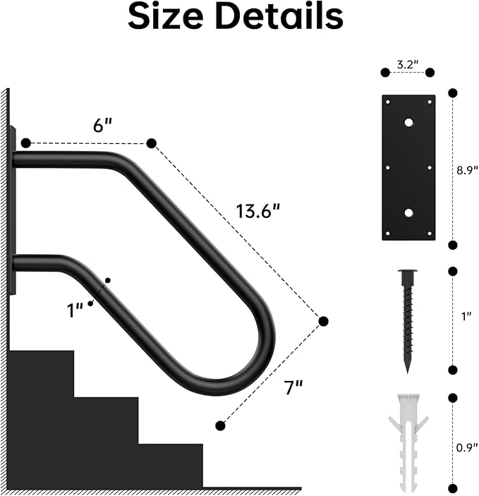 Aduanbang Wall Mount Handrail, Non-Slip U-Shape Stair Safety Grab Bar, Heavy Duty Powder Coated Metal for 1-2 Steps, Indoor/Outdoor Use, Garage Porch Garden Stair Railing - Black