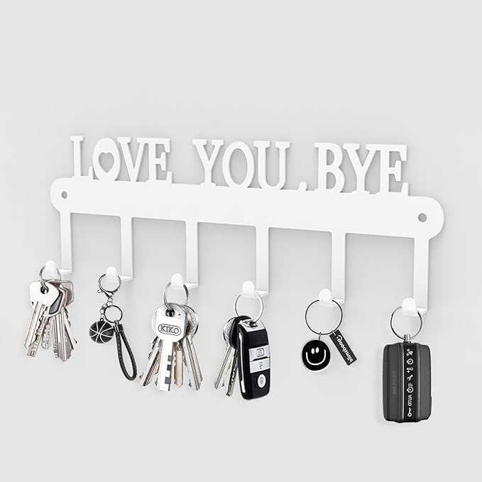 Key Holder for Wall - 'Love You Bye' Key Hooks,Key Holder Wall Mount Self Adhesive, Key Rack Wall Mount for Wall No Drill for Living Room, Kitchen, Bathroom, Garage (White, 6 Hooks)