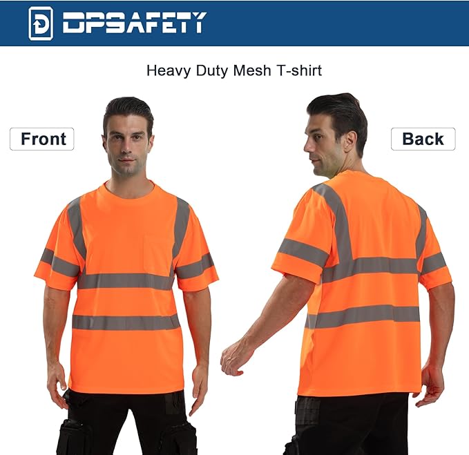 High Visibility Class 3 T Shirts，Hi Vis Safety Shirts with Reflective Strips and Pocket, Short Sleeve Quick Dry Mesh Construction Work Shirt for Men/Women Orange,6XL