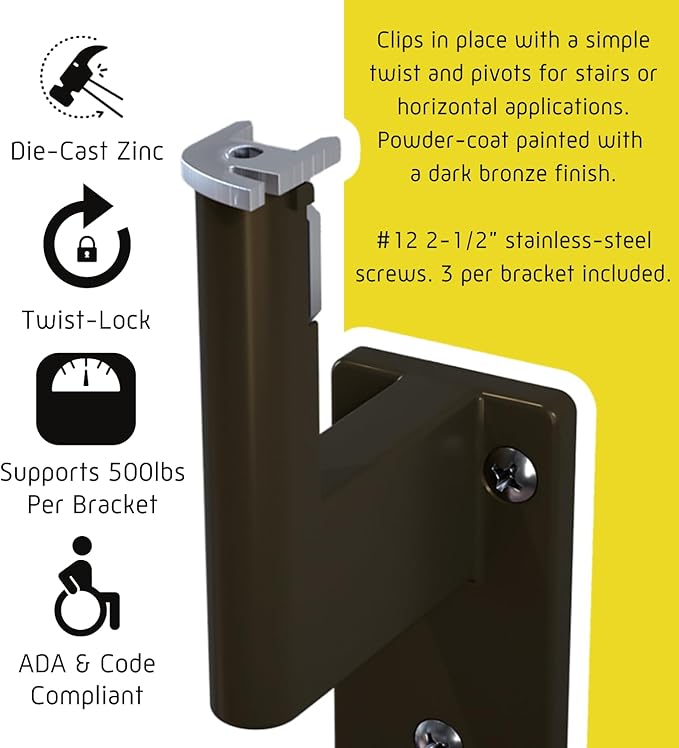 Promenaid 6ft ADA Handrail Kit - Architectural Bronze - Complete Indoor/Outdoor Handrail for Stairs - 1.6" Round Anodized Aluminum Railing with 4 Bronze Painted Brackets & ADA Wall Returns
