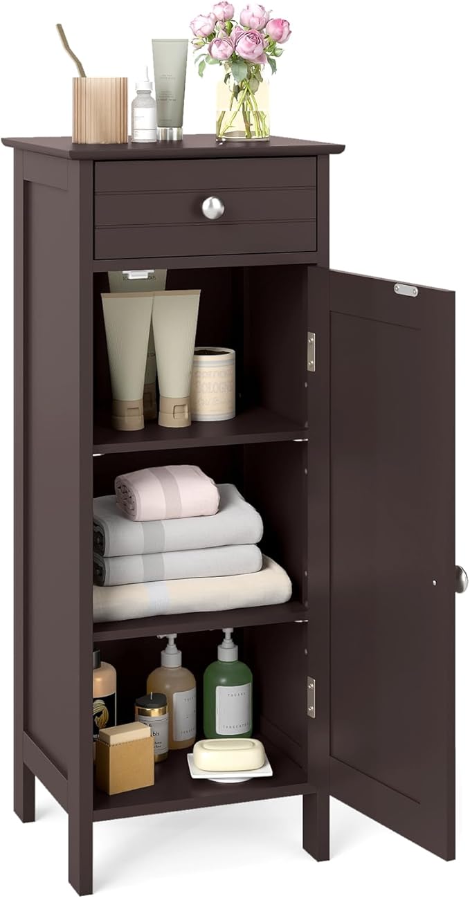 GLACER Floor Storage Cabinet, Multifunctional Freestanding Bathroom Storage Cabinet with 2 Adjustable Shelves, Ideal for Bathroom, Living Room, 14 x 12 x 34.5 inches (Brown)