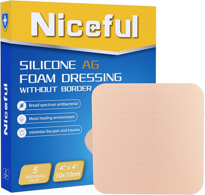 Silver Silicone Adhesive Foam Dressing Without Border, 4"×4" Ag Sterile Highly Absorbent Wound Dressing, 5 Count