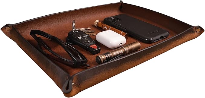 Valet Tray – Full-Grain Leather Catchall Organizer for Keys, Phone & Wallet – Rustic Nightstand & Desk Tray with Raised Sides – Handmade in USA (Vintage Brown, Large Rectangle)