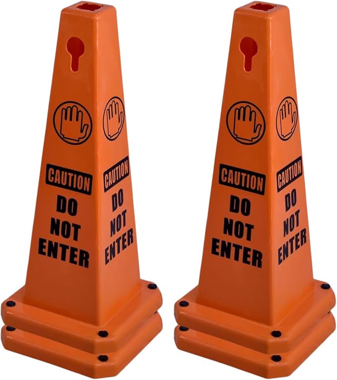 26.5" Caution Cones, 4-Sided Visible Safety Signs with Heavy Rubber Base, Warning for Slip & Fall Prevention, Indoor/Outdoor Use (4, Do Not Enter-Orange, 26.5 inch)
