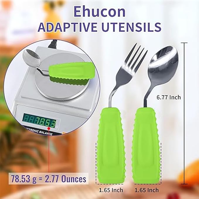 Adaptive Utensils,Weighted Angled Silverware,Parkinsons Aids,Curved Non-Slip Easy Grip Spoon and Fork Set for Tremors,Disabled,Handicap,Elderly,Arthritis (Left Hand,Pack of 2,Green)