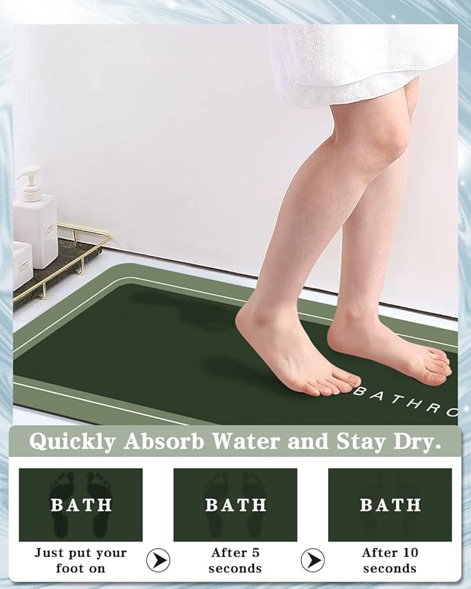 Bath Mat, Super Absorbent Non Slip Quick Dry Thin Rubber Mats for Bathroom Floor, Fit Under Door, Shower Rug for Bathtub, Green
