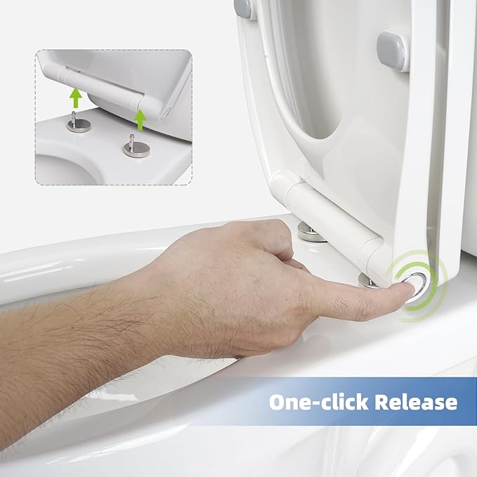 Universal Elongated Toilet Seat with Softclose Cover, One-Click to Quick Release, Compatible with TOTO/Gerber/Kohler Oval Toilet Seats, 2-Pack Toilet Bolts and Nuts, Non-Slip Toilet Bumpers, White