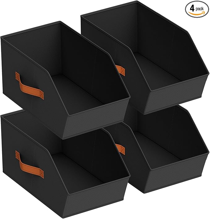 Large Closet Storage Cubes - Closet Storage Bins with Dual Handles for Clothes, Towels, Toys, Shelf Organizer Bins for Bedroom, Nursery, Shelves, Small Spaces, Black, 4 Pack