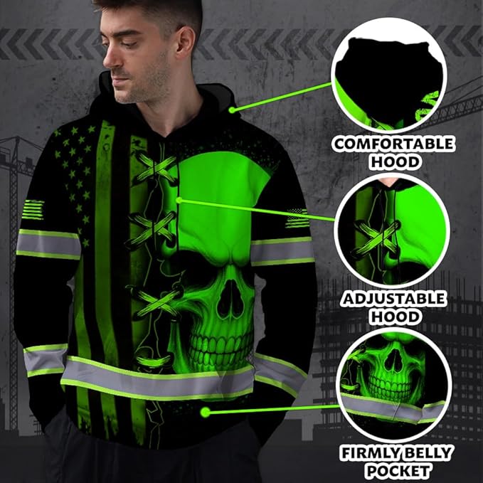 Matedecor Skull US Flag Reflective High Visibility Hoodie For Men Construction Hi Vis Safety Workwear Custom Name