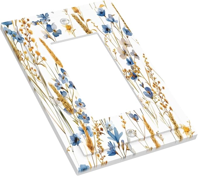 Vintage Wildflower Blue Gold Country Fall Wheat Floral Decorative Outlet Covers 1 Gang Single Rocker Light Switch Cover Plate Wall Plates GFCI Faceplate for Bedroom Living Room Decor